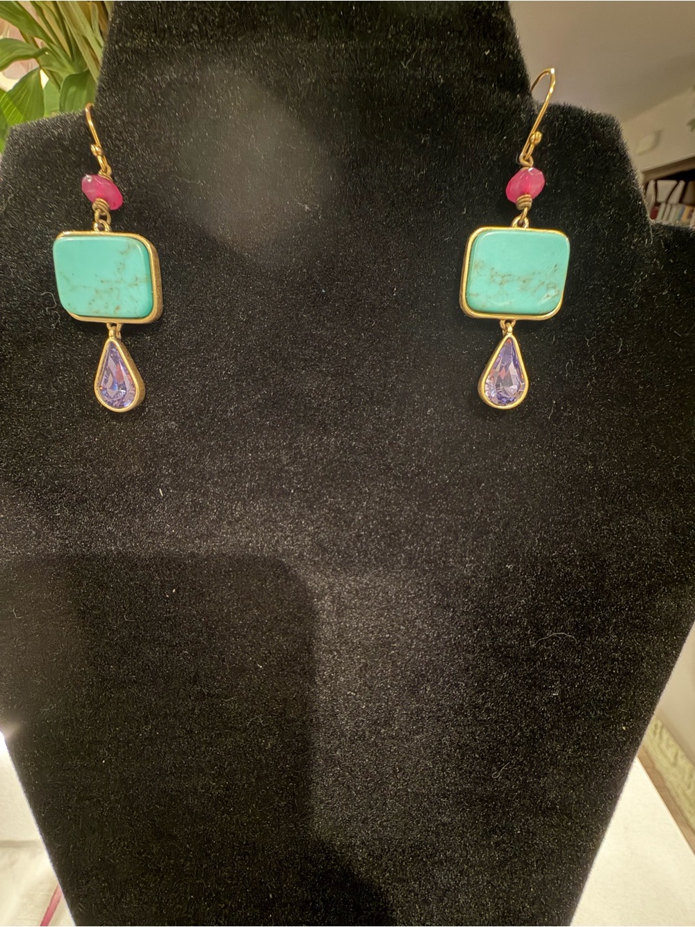 Vintage Silpada K&R Turquoise Drop Dangle Earrings with Pink and Purple Accents